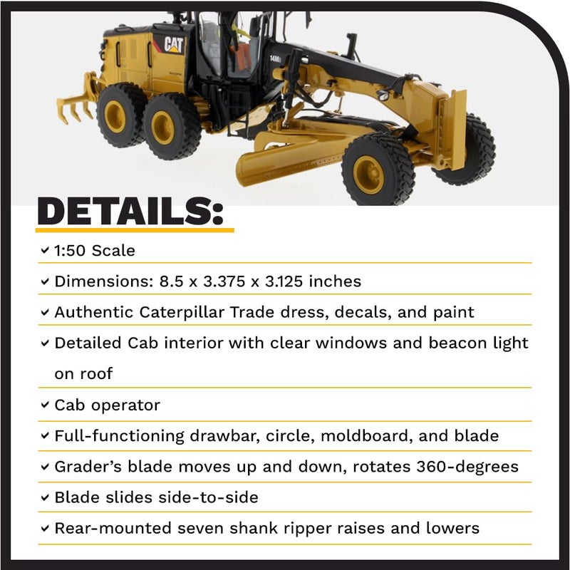 Diecast Masters 1:50 Caterpillar 14M3 Motor Grader | High Line Series Cat Trucks & Construction Equipment Scale Model Collectible 85545 - Image 4